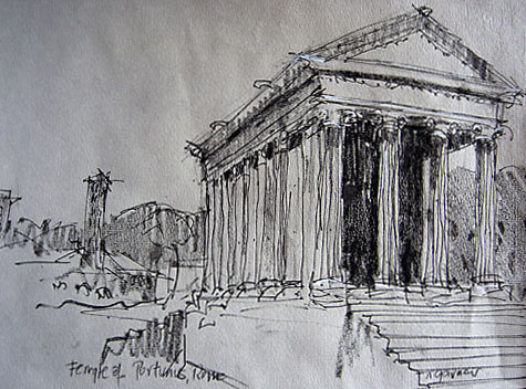 Rome - the temple of Portunus sketched with an ink pen